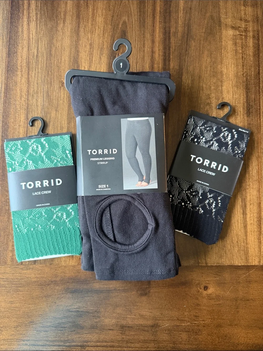 TORRID Women's Black Premium Legging Stirrup with Green & Black Lace Crew Socks
